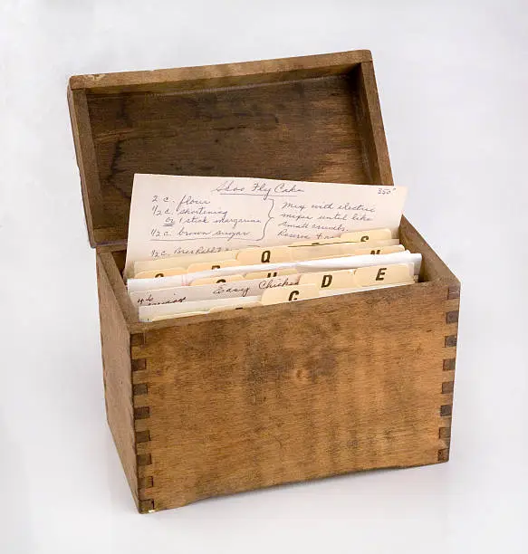An antique recipe box with an old recipe.