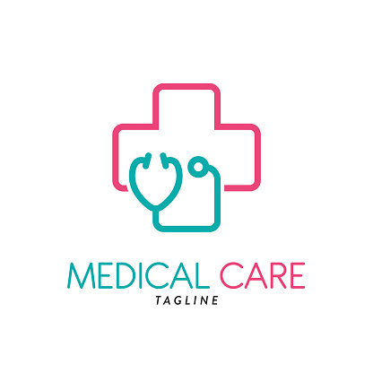 Stethoscope and medical cross symbol in a simple and modern style, Medical Care Logo Symbol Design Template Flat Style Vector