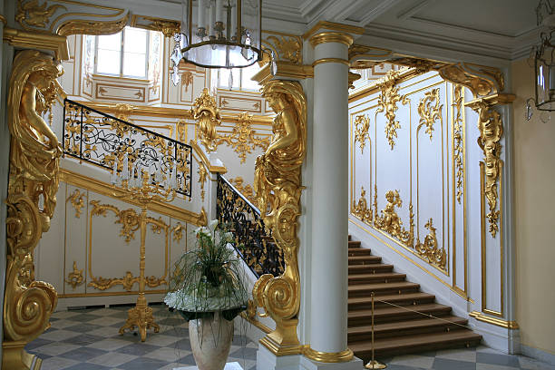 The State staircase in Catherine Palace (Tsarskoye Selo) "The State staircase in Catherine Palace (Tsarskoye Selo)where she lived and died.The Palace almost destroyed during WW11 ,totaly restored to its former glory." pushkin st petersburg stock pictures, royalty-free photos & images