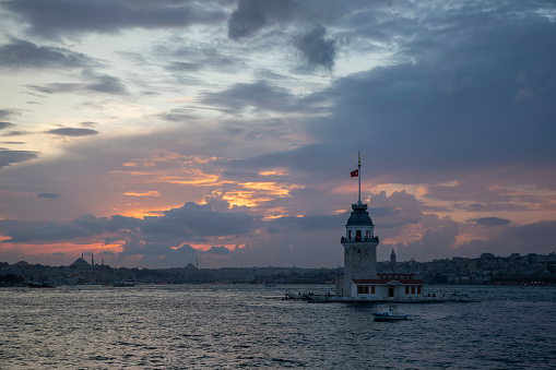 View of Maiden's Tower in Istanbul at sunset