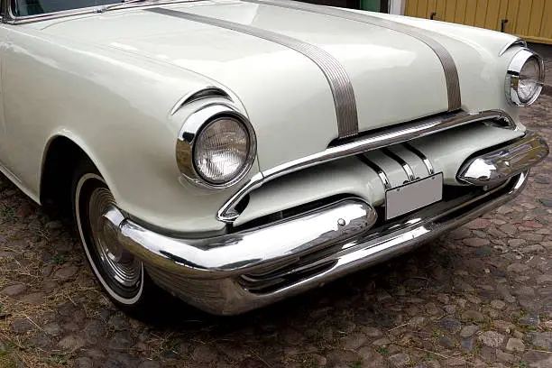"1950s classic american car, lots of chrome. Photographed in Kalmar, Sweden."