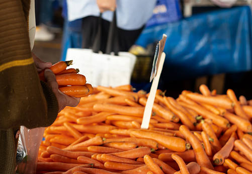 A man holding a few carrots in his hands near of carrot market stall in the farmer's market. Selective Focus.
