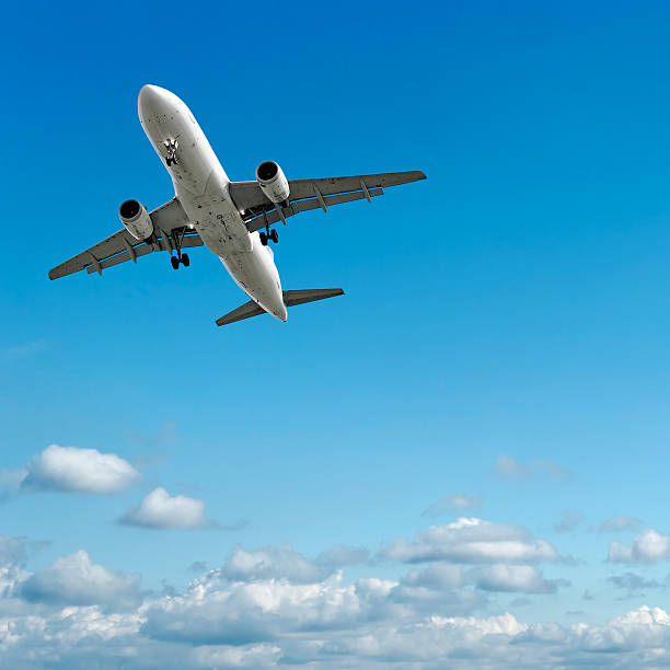 istock jet airplane landing in bright sky 172293378