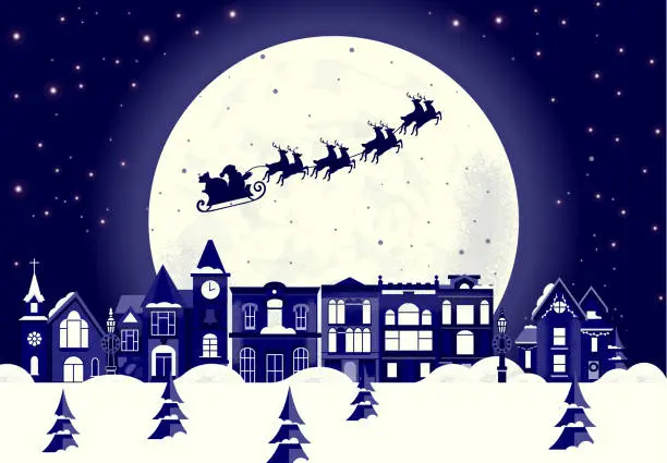 Vector illustration of Santa Claus Sleigh with reindeer flying in winter night sky with large full moon above town buildings scene with snow above winter horizon