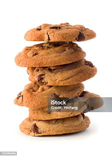Homemade Chocolate Chip Cookies Tower Stack Isolated On White Background Stock Photo - Download Image Now