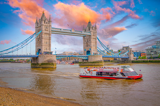 Tower Bridge and The Shard at sunset, London