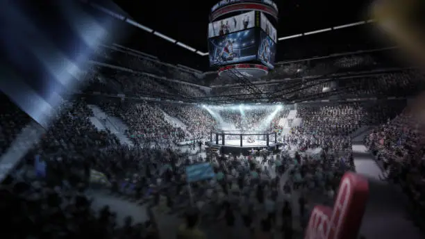 Sport arena with fans and shining spotlights. Fighting Championship. Full tribune. MMA octagon. Digital sport 3D. MMA cage night. Fight night. Sport