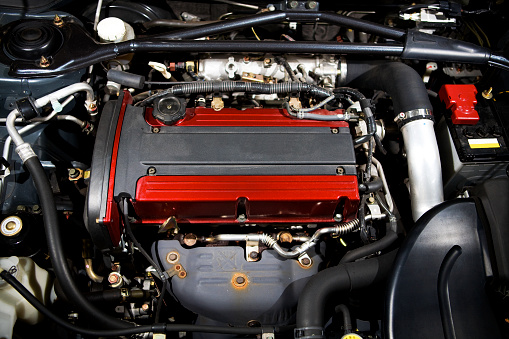 The engine bay of a Mitsubishi Lancer Evolution 8 MR.