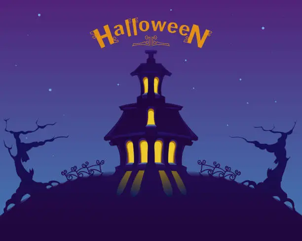 Vector illustration of House on a hill, light in the windows, wrought-iron fence, old branchy trees. An ancient house tower on a high hill under the night sky. Halloween background, cartoon vector, banner, poster.