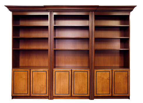 Wood bookcase and cabinet.