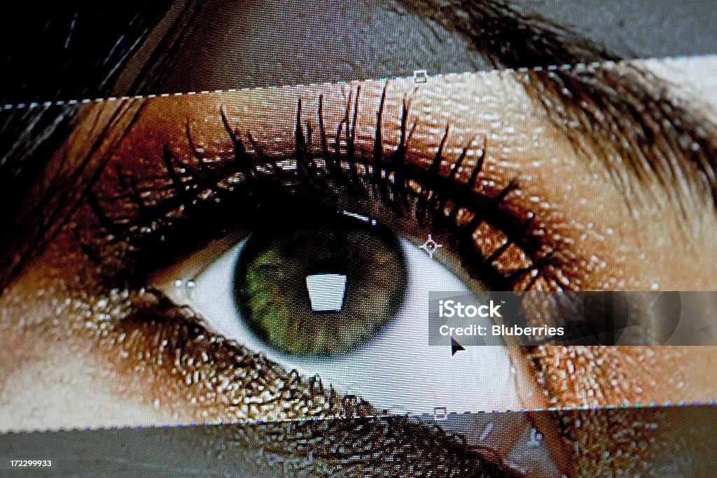Photo Retouch Detail  shot of monitor editing an image. (source image by contributing photographer). Art Stock Photo