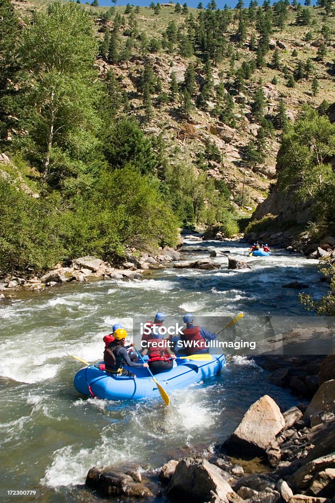 Whitewater Rafting in Clear Creek Canyon Rafters negotiate whitewater in a beautiful Colorado canyon. Rafting Stock Photo