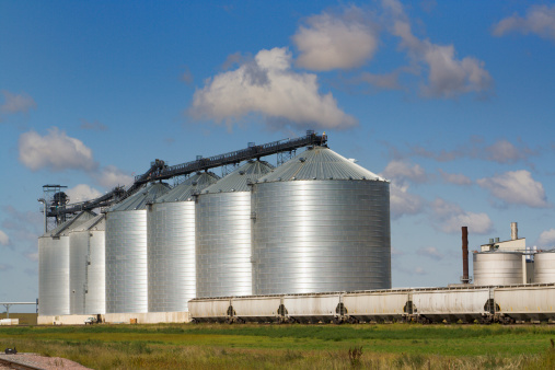 Subject: A row of grain silos set next to the railroad in an agricultural processing plant