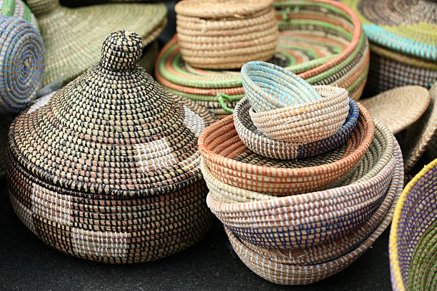 Colorful handmade African Sea Grass Baskets stock photo