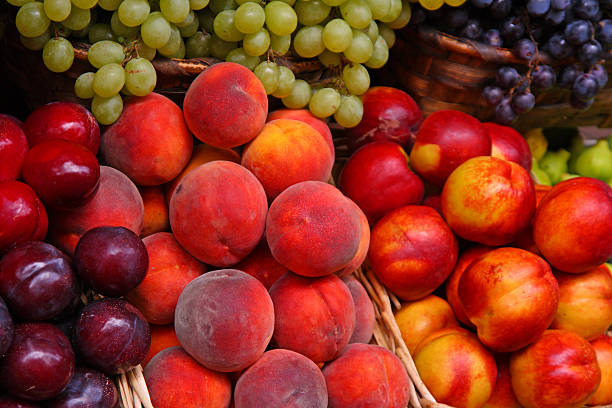 A selection of many fruits in a market Nectarines, plums, peaches and green and red grapes at an Italian market stall. Fresh, tasty and very healthy fruits nectarine stock pictures, royalty-free photos & images