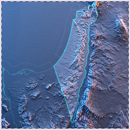 3D map of Israel with exaggerated topographic relief and borders. Detailed physical map of the Israel with Gaza strip, Mediterranean, Dead Sea. Middle East world atlas, physical geography of West Asia countries