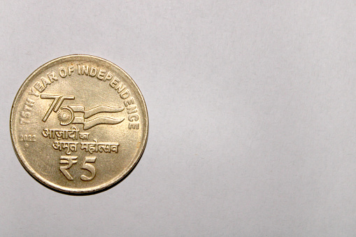 Bagalkot, Karnataka - March 19, 2023 : Indian 5 Rupee Coin Celebrating 75 Years of Independence