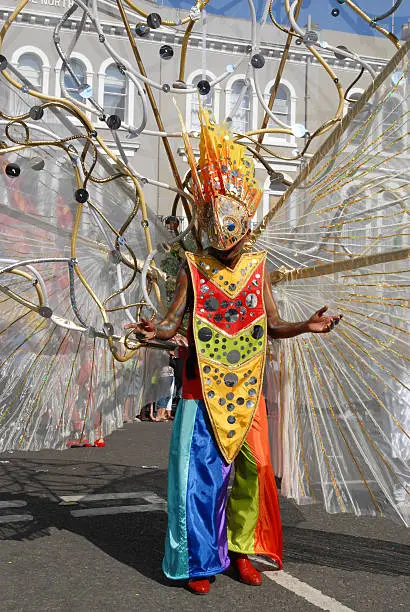 "One of the many flamboyant costumes at the Notting Hill Carnival, London"