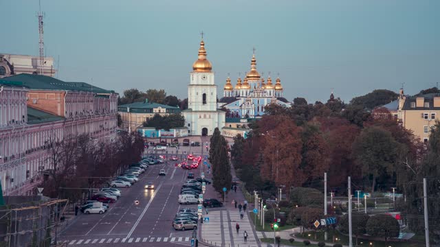 Sofia Square Kyiv and St. Michael's Cathedral evening time lapse