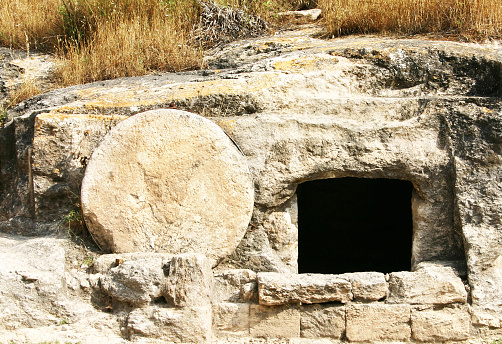 A recent tomb discovered in Israel which dates back to the first century.  Jesus would have been buried in a similar tomb with the stone rolled over the entry.