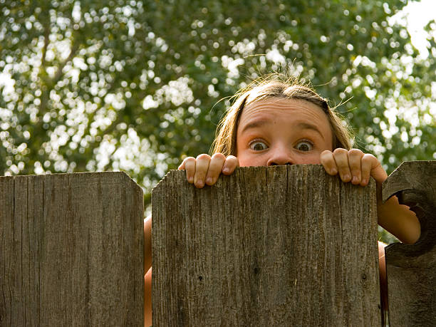 ach herrje! - fence child neighbor peeking stock-fotos und bilder