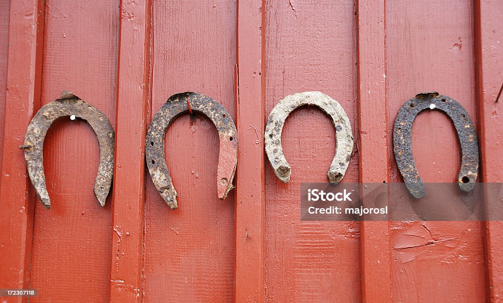 rusty de la herradura en una puerta de madera - Foto de stock de Accesorios para animales domésticos libre de derechos