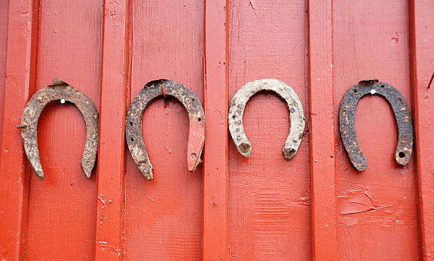rusty horseshoes on a wooden door