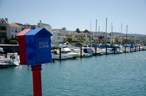 old police telephone box, Sunny day on Pier and Marina in San Francisco City, cALIFORNIA.