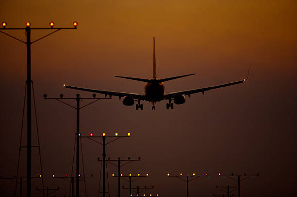 istock Airplane landing at dusk 172307568