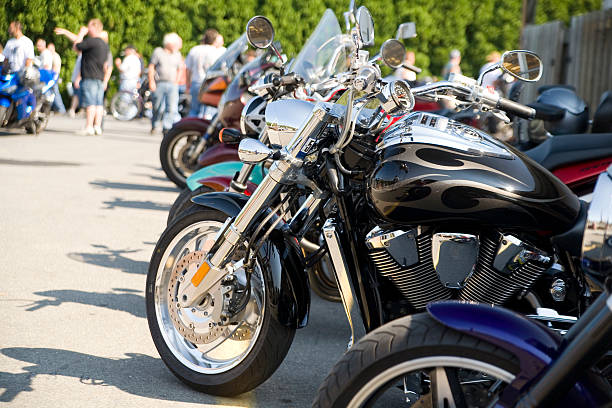 Motorcycle Meet Motorcycles parked in a row at a Sunday Morning Group Ride. car show photos stock pictures, royalty-free photos & images