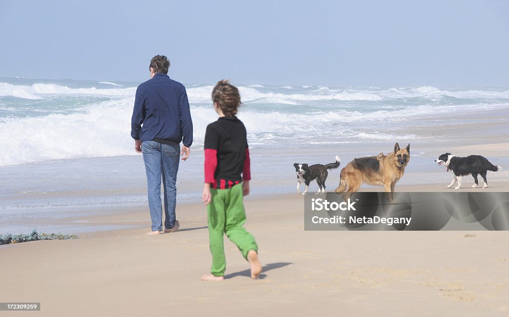 ブラザーズと犬は、地中海のイスラエルのビーチ - 2人のロイヤリティフリーストックフォト