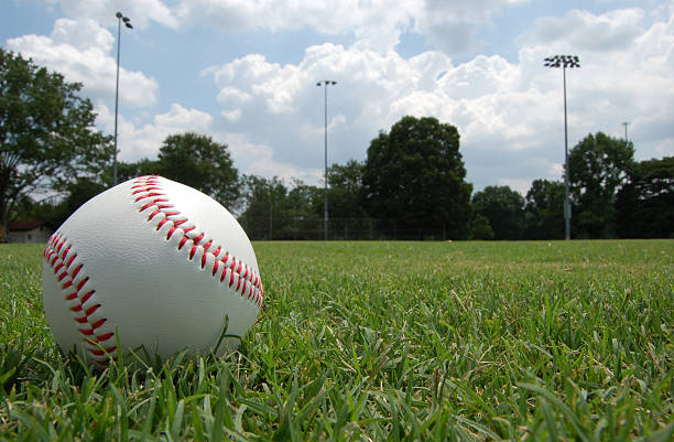 Closeup of baseball sitting in grassy field under cloudy sky baseball field baseball baseballs spring training professional sport stock pictures, royalty-free photos & images