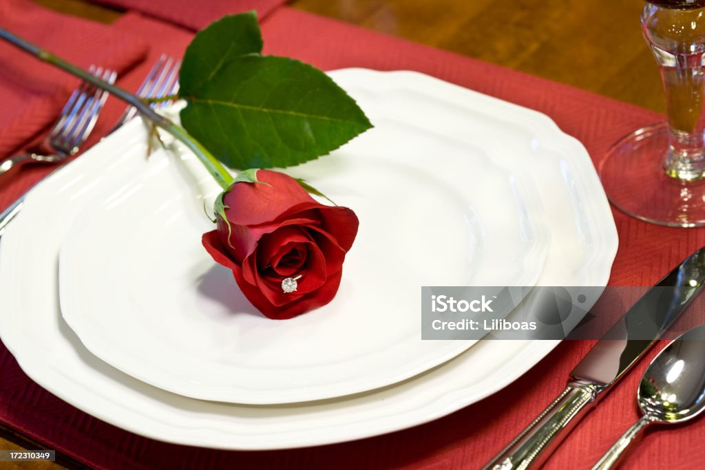 Holiday Table (XL) A red rose and a diamond ring on a place setting.PLEASE CLICK ON THE IMAGE BELOW TO SEE OTHER CHRISTMAS &amp; HOLIDAY IMAGES IN MY PORTFOLIO: Celebration Event Stock Photo