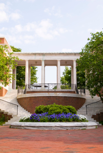 campus of Johns Hopkins University with foliage and blue and white flowers in a circular marble area with marble steps ascending on either side behind; marble columns are in background