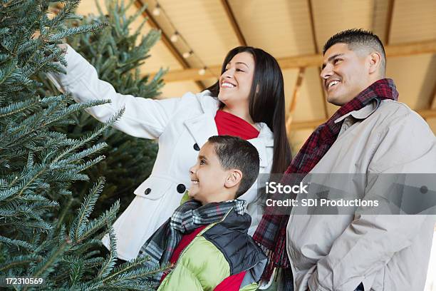 Feliz Hispânico Família Escolher Árvore De Natal Para A Compra - Fotografias de stock e mais imagens de Loja de árvores de Natal naturais