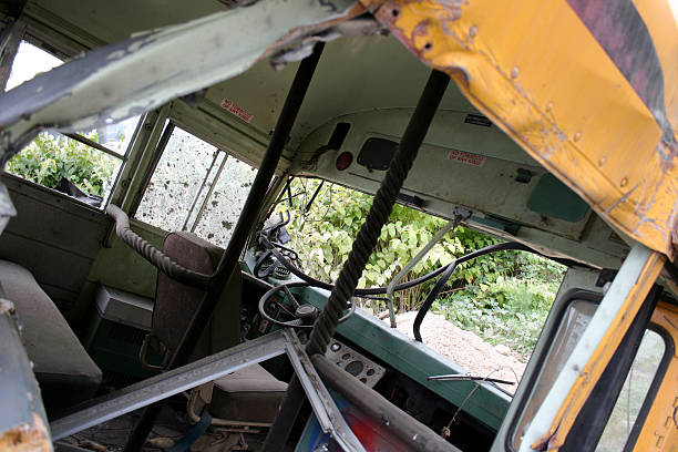 School bus wreck interior stock photo
