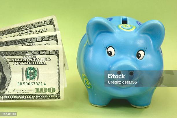 Glückliches Schweinserie Blaue Sparschwein Geld Stockfoto und mehr Bilder von 100-Dollar-Schein - 100-Dollar-Schein, Amerikanische Währung, Behälter