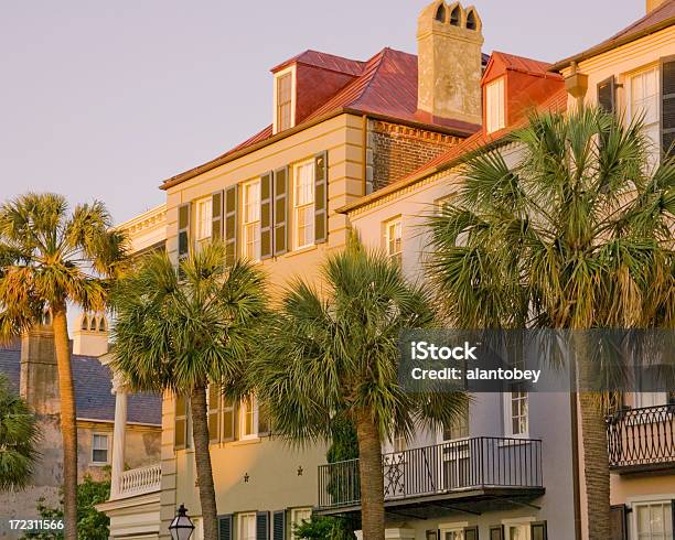 Charleston Historic Houses On Bay Street At Dawn Stock Photo - Download Image Now - Charleston - South Carolina, South Carolina, Architecture