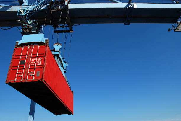 i contenitori di spedizione - cargo container derrick crane crane freight transportation foto e immagini stock