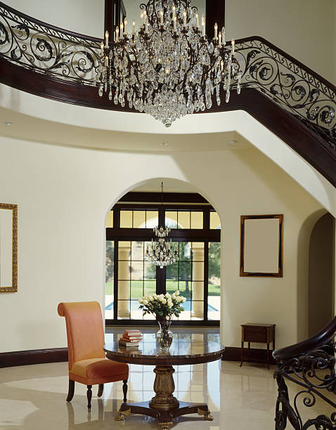 Elegant Residential Foyer with Large Chandlier stock photo