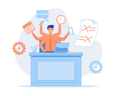 office deadline concept, A Tired Man Missing Deadline. An Office Worker Overwhelmed by Work, flat vector modern illustration