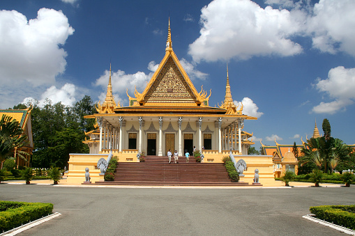 Beautiful yellow and white buddhistic   temple in Cambodia, South East Asia.