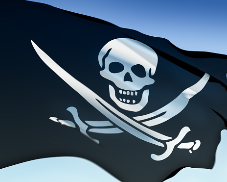 Pirate flag waving in the wind. Elaborate rendering including motion blur and even a fabric texture (visible at 100%).