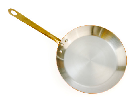 Subject: A copper frying pan view from high angle isolated on a white background