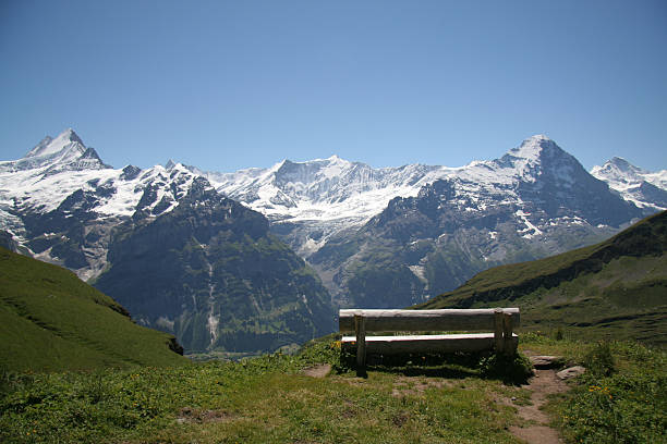 скамья с эйгер и шрекхорн видом - switzerland european alps schreckhorn horizontal стоковые фото и изображения