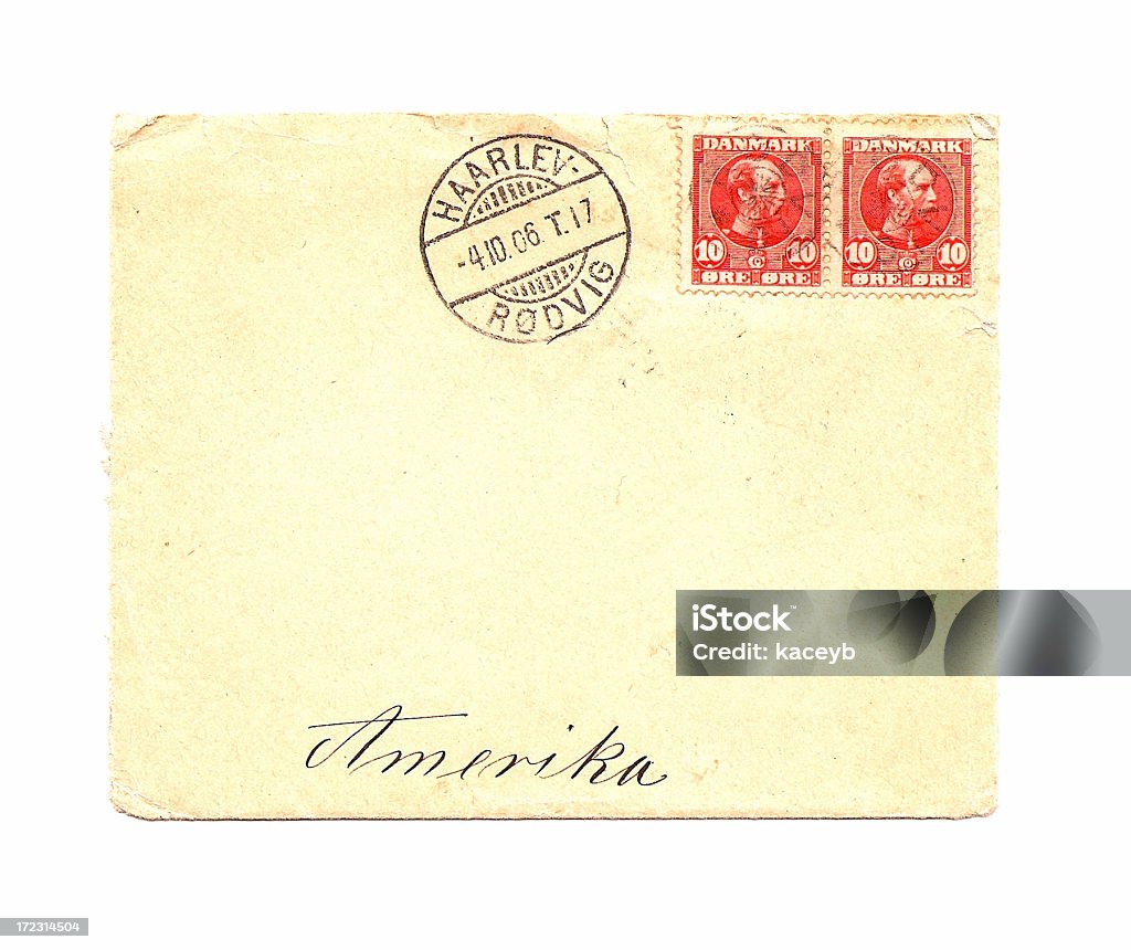 Envelope 1906 "Aged antique envelope with 1906 postmark, from Denmark" 1900-1909 Stock Photo