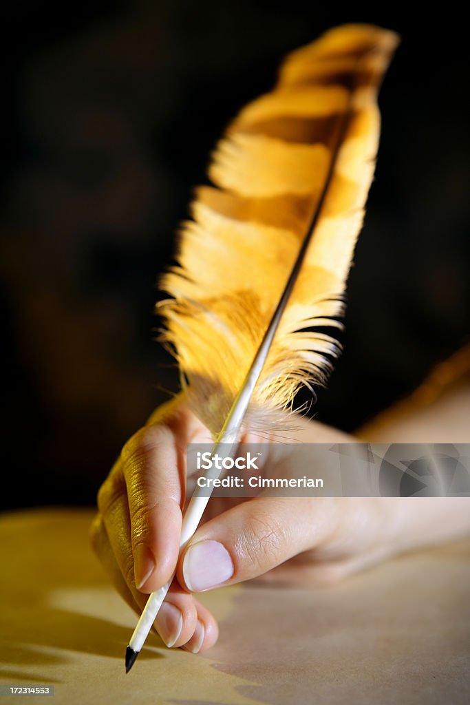 Feather pen in a hand Close-up of a quill pen in a hand. Poet Stock Photo