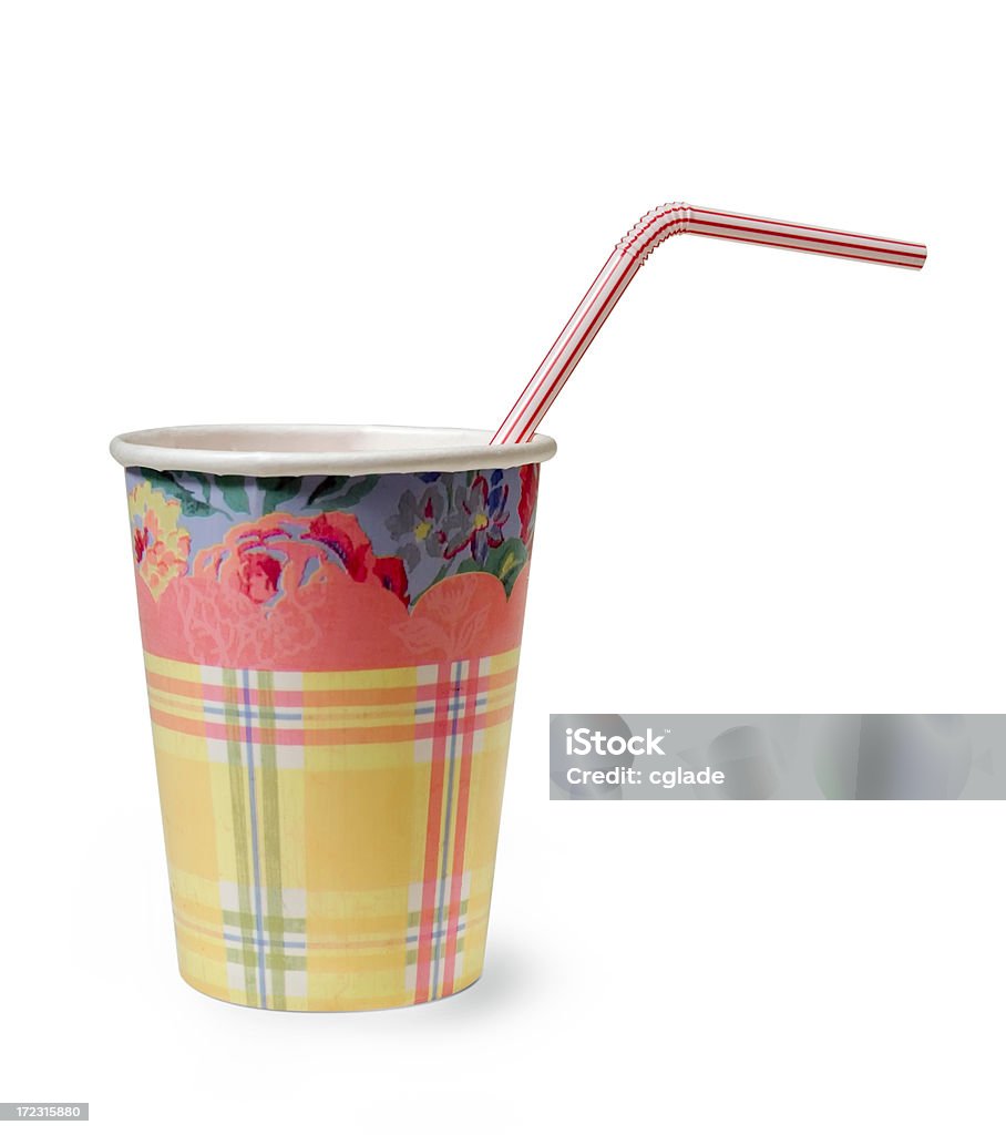 Paper cup and straw "Waxed paper cup with summery design, striped straw. Includes clipping path." Cheerful Stock Photo