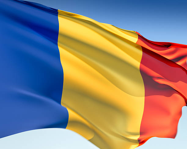 Romanian flag waving in the wind. Elaborate rendering including motion blur and even a fabric texture (visible at 100%).