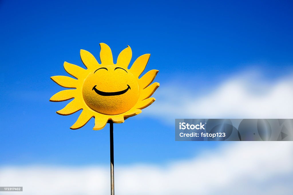 Sunflower smiley face Little sunflower with a smileyface against a beautiful blue sky. Anthropomorphic Smiley Face Stock Photo